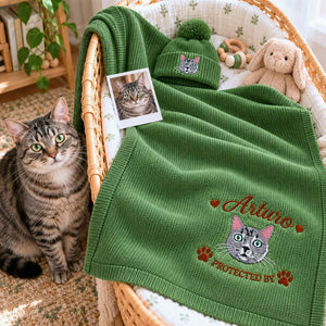 Custom Cat Portrait Baby Blanket, Embroidered Pet Photo Nursery Throw, Protected By Pet Pregnancy Gift