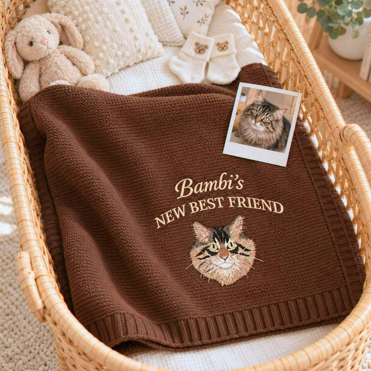Custom New Best Friend Cat Baby Blanket, Embroidered Cat Portrait Knit Throw, Baby Shower Gift for Cat Mom