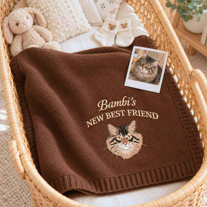 Custom New Best Friend Cat Baby Blanket, Embroidered Cat Portrait Knit Throw, Baby Shower Gift for Cat Mom