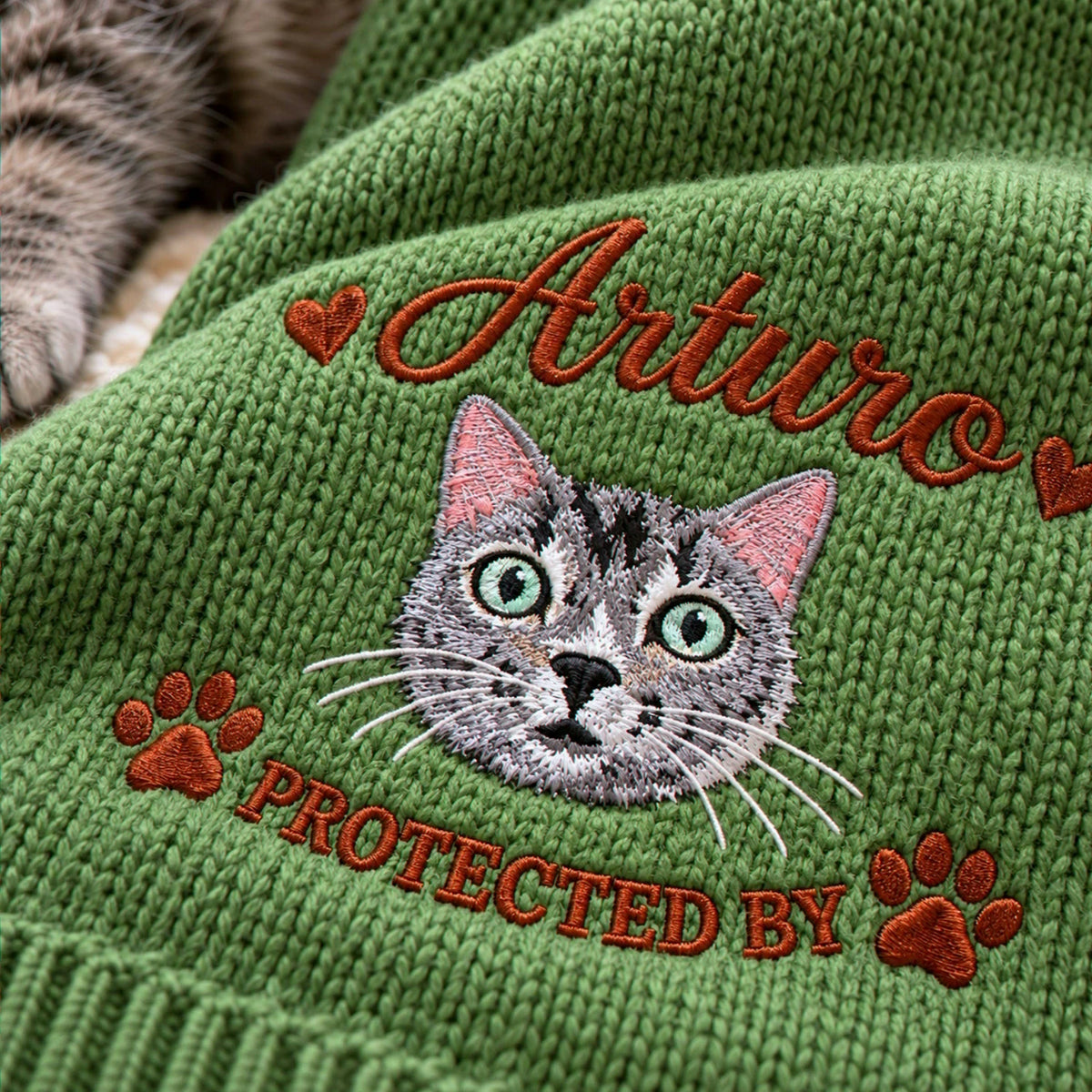 Custom Cat Portrait Baby Blanket, Embroidered Pet Photo Nursery Throw, Protected By Pet Pregnancy Gift