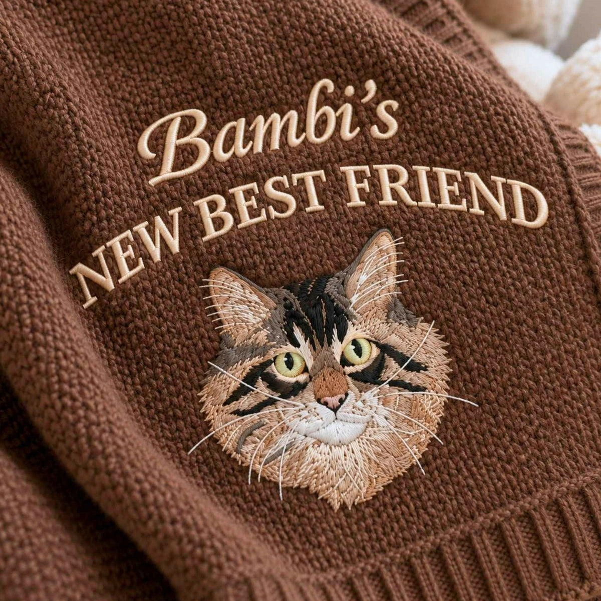 Custom New Best Friend Cat Baby Blanket, Embroidered Cat Portrait Knit Throw, Baby Shower Gift for Cat Mom