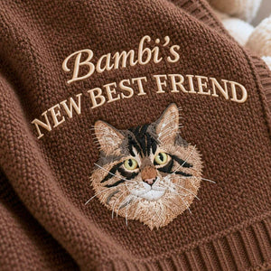 Custom New Best Friend Cat Baby Blanket, Embroidered Cat Portrait Knit Throw, Baby Shower Gift for Cat Mom