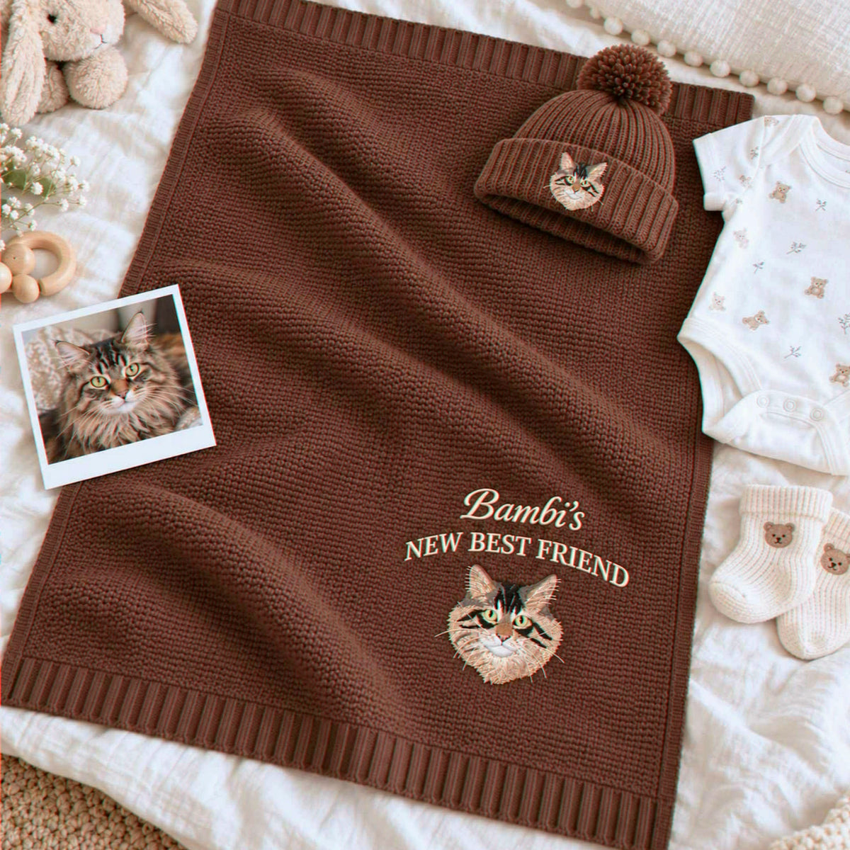 Custom New Best Friend Cat Baby Blanket, Embroidered Cat Portrait Knit Throw, Baby Shower Gift for Cat Mom