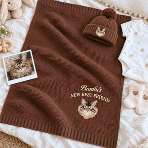 Custom New Best Friend Cat Baby Blanket, Embroidered Cat Portrait Knit Throw, Baby Shower Gift for Cat Mom