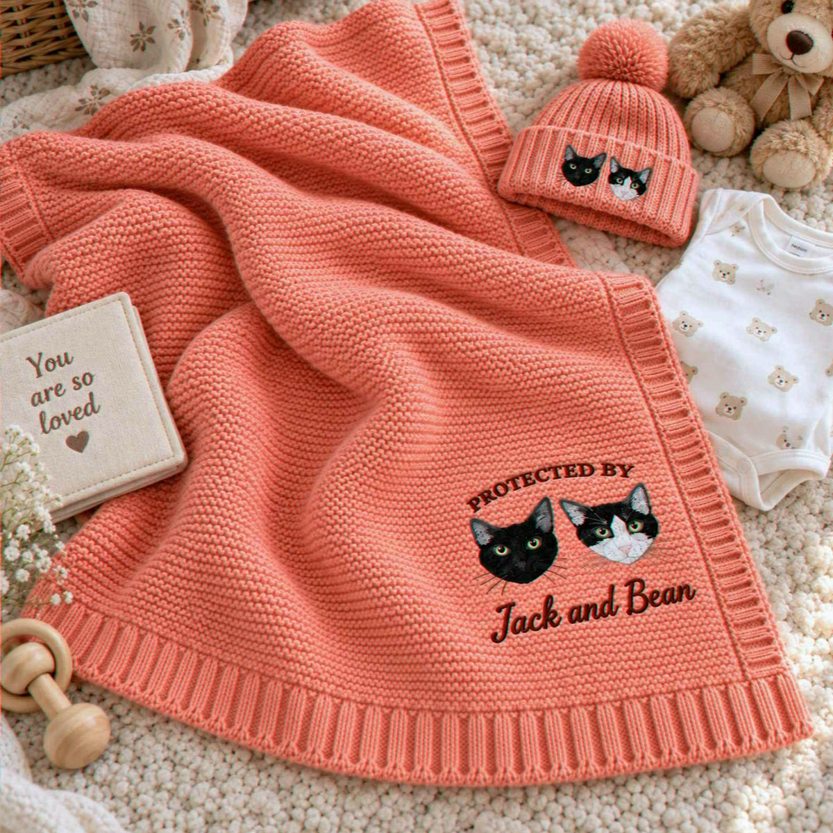 Custom Protected By Cat Baby Blanket, Embroidered Furry Big Brother Sister Thrown, Baby Shower Gift from Cat