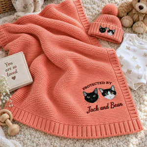 Custom Protected By Cat Baby Blanket, Embroidered Furry Big Brother Sister Thrown, Baby Shower Gift from Cat
