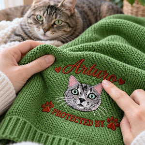 Custom Cat Portrait Baby Blanket, Embroidered Pet Photo Nursery Throw, Protected By Pet Pregnancy Gift