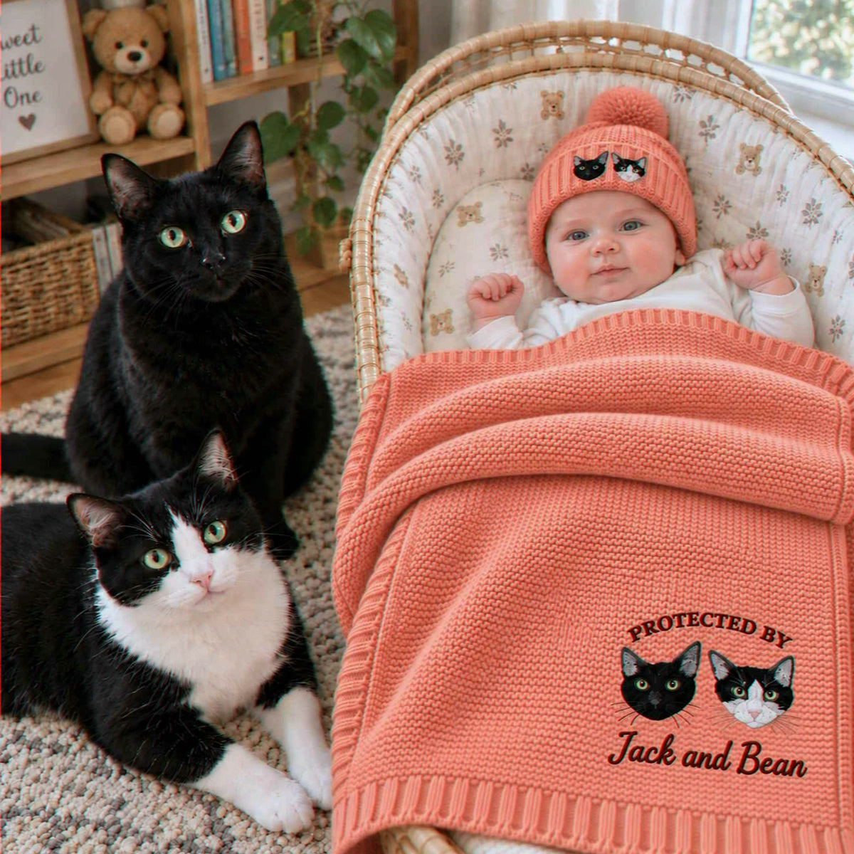 Custom embroidered cat portrait baby blanket and beanie set, personalized knit baby shower gift for cat lovers.