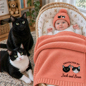 Custom embroidered cat portrait baby blanket and beanie set, personalized knit baby shower gift for cat lovers.