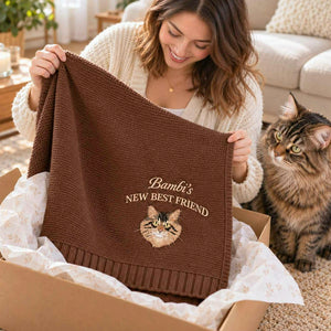 Custom New Best Friend Cat Baby Blanket, Embroidered Cat Portrait Knit Throw, Baby Shower Gift for Cat Mom