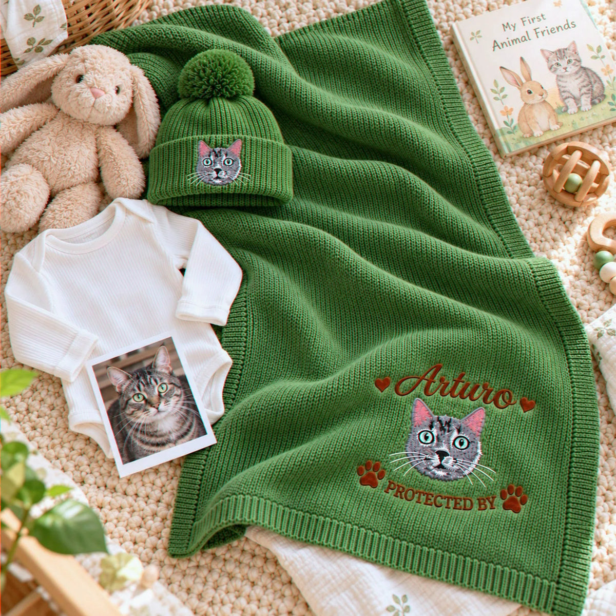 Custom Cat Portrait Baby Blanket, Embroidered Pet Photo Nursery Throw, Protected By Pet Pregnancy Gift