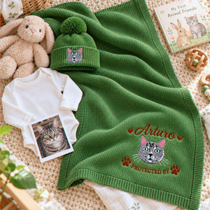 Custom Cat Portrait Baby Blanket, Embroidered Pet Photo Nursery Throw, Protected By Pet Pregnancy Gift