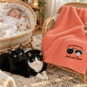 Custom Protected By Cat Baby Blanket, Embroidered Furry Big Brother Sister Thrown, Baby Shower Gift from Cat