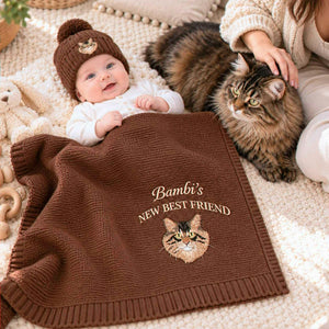 Custom New Best Friend Cat Baby Blanket, Embroidered Cat Portrait Knit Throw, Baby Shower Gift for Cat Mom