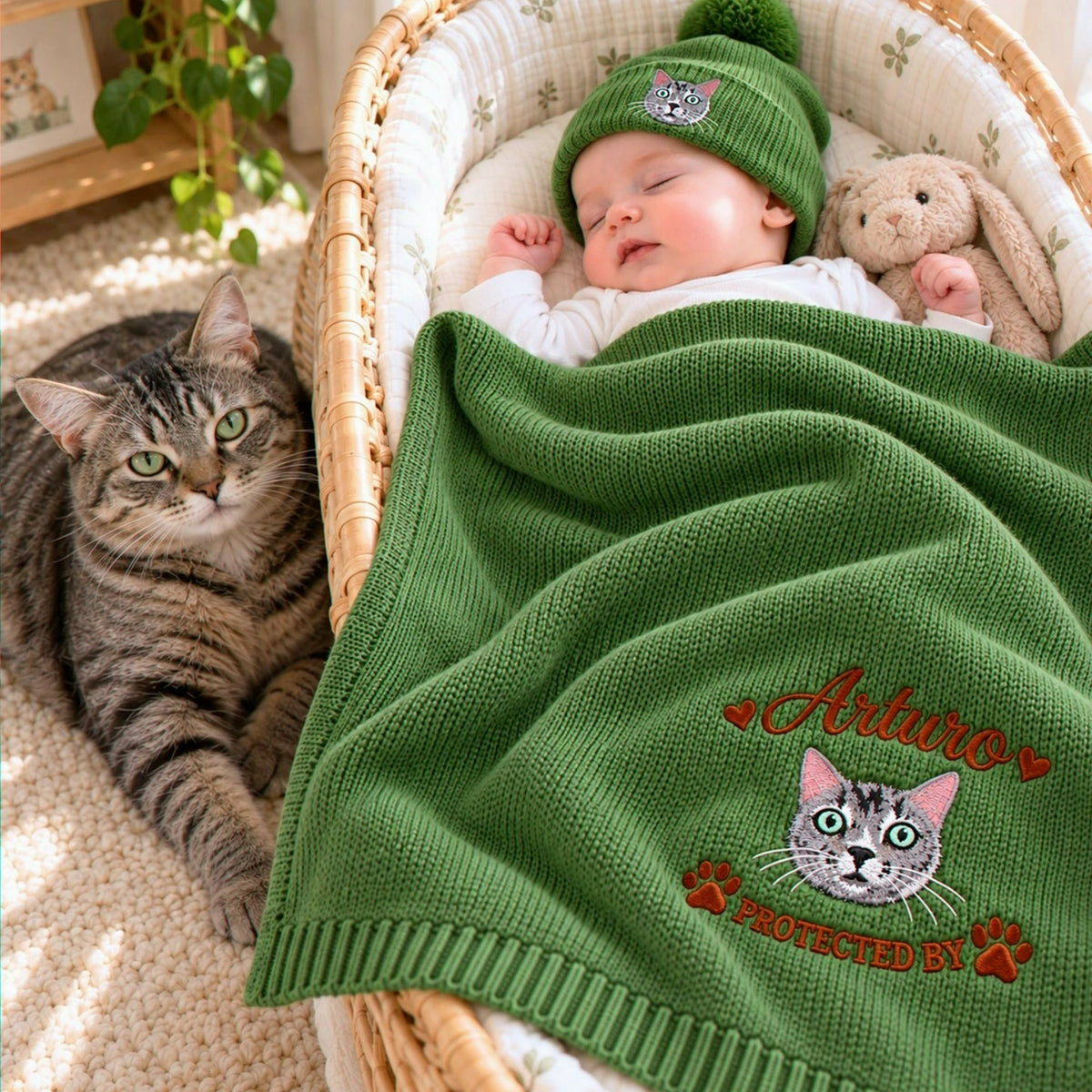 Custom Cat Portrait Baby Blanket, Embroidered Pet Photo Nursery Throw, Protected By Pet Pregnancy Gift