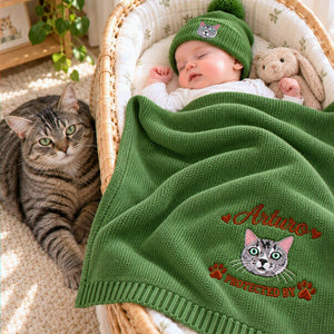 Custom Cat Portrait Baby Blanket, Embroidered Pet Photo Nursery Throw, Protected By Pet Pregnancy Gift