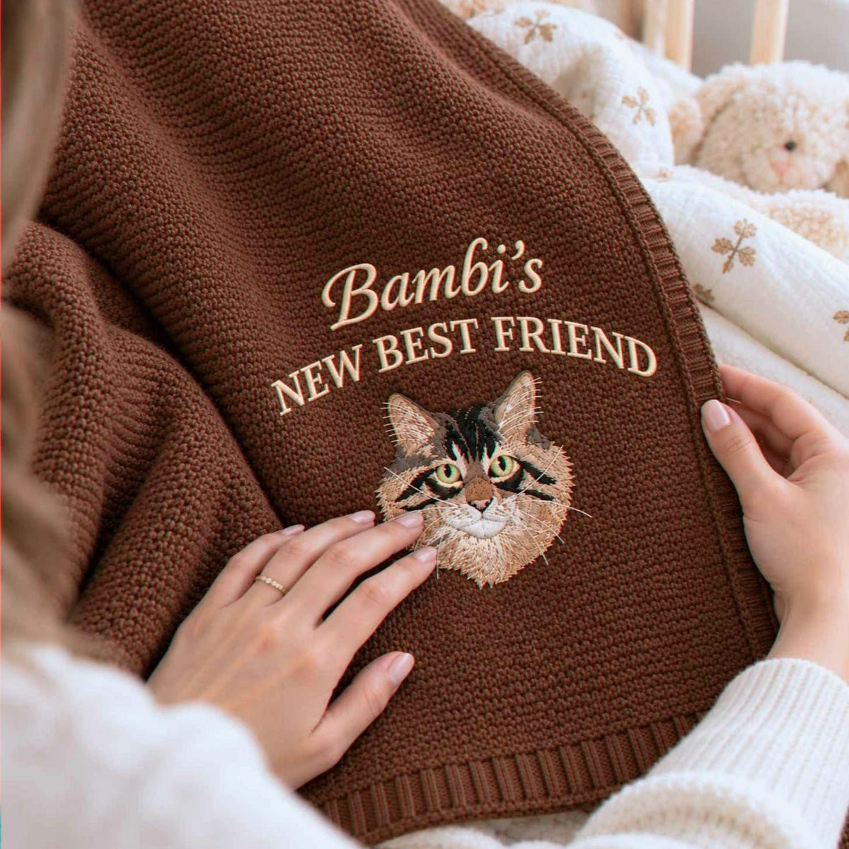 Custom New Best Friend Cat Baby Blanket, Embroidered Cat Portrait Knit Throw, Baby Shower Gift for Cat Mom