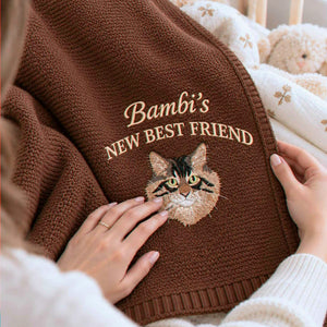 Custom New Best Friend Cat Baby Blanket, Embroidered Cat Portrait Knit Throw, Baby Shower Gift for Cat Mom