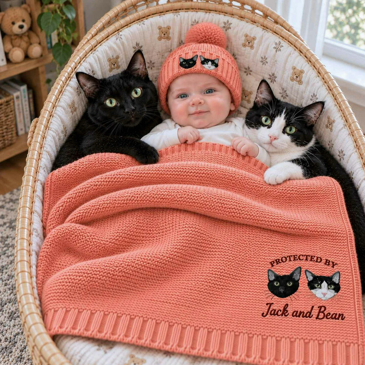 Custom Protected By Cat Baby Blanket, Embroidered Furry Big Brother Sister Thrown, Baby Shower Gift from Cat