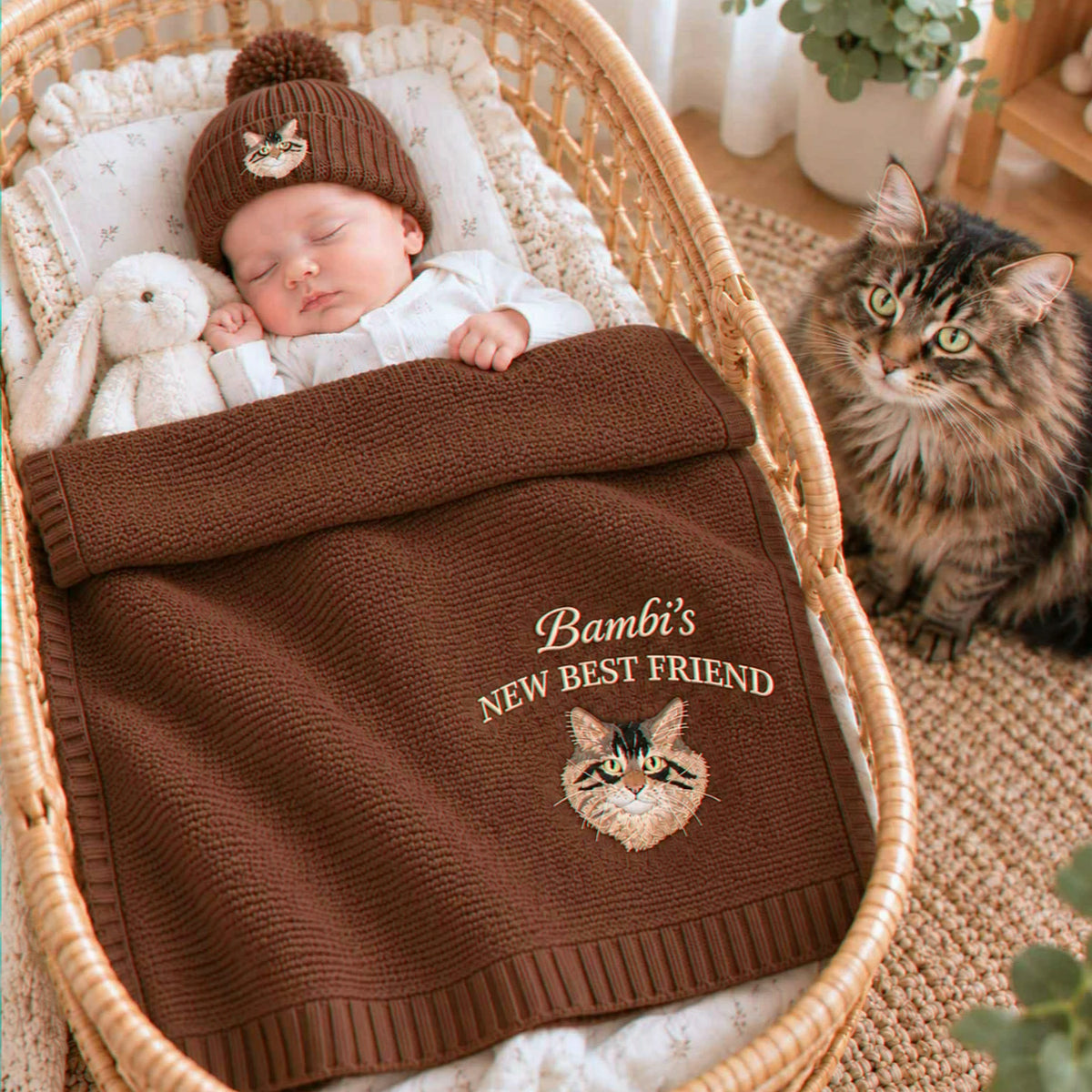 Custom New Best Friend Cat Baby Blanket, Embroidered Cat Portrait Knit Throw, Baby Shower Gift for Cat Mom