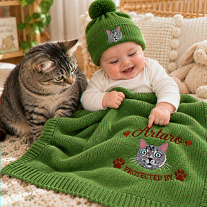 Custom Cat Portrait Baby Blanket, Embroidered Pet Photo Nursery Throw, Protected By Pet Pregnancy Gift