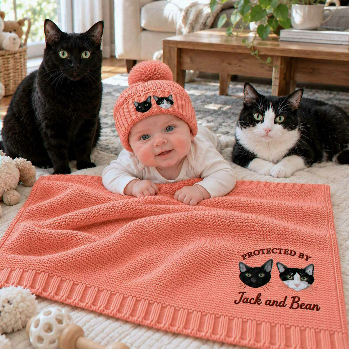 Custom Protected By Cat Baby Blanket, Embroidered Furry Big Brother Sister Thrown, Baby Shower Gift from Cat