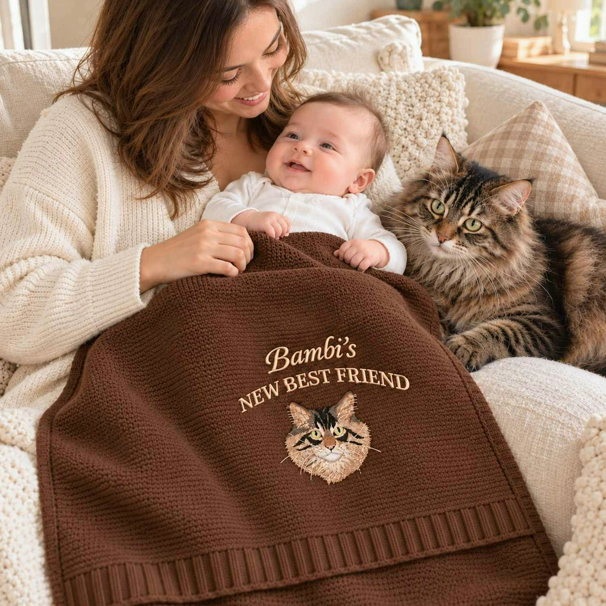 Custom New Best Friend Cat Baby Blanket, Embroidered Cat Portrait Knit Throw, Baby Shower Gift for Cat Mom