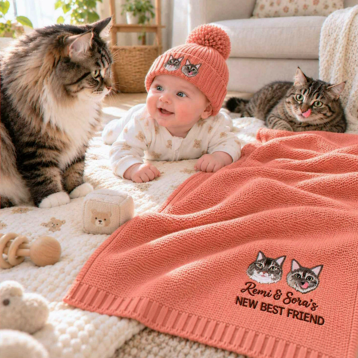 Custom Baby’s First Best Friend Blanket, Embroidered Pet and Baby Keepsake Throw, Baby Gift for Cat Lovers