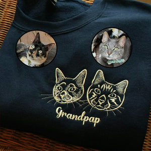 Custom Cat Face T-Shirt for Dad - Embroidered Photo Outline Tee for Grandpa