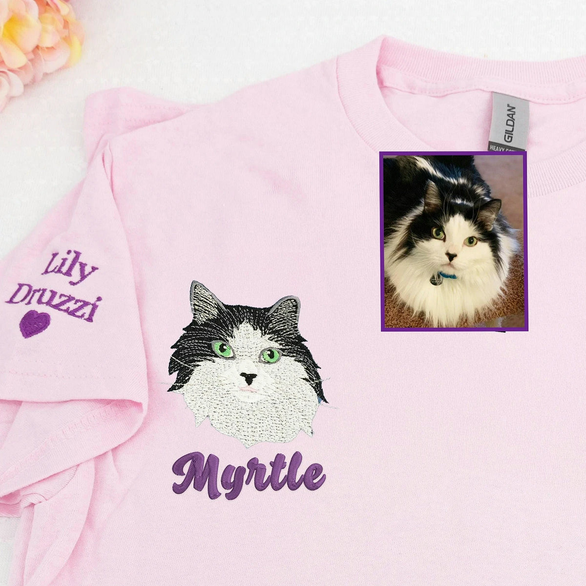 Custom Cat Portrait Embroidered Shirt, Pet Photo Gift for Cat Moms