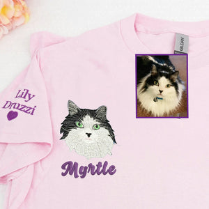 Custom Cat Portrait Embroidered Shirt, Pet Photo Gift for Cat Moms