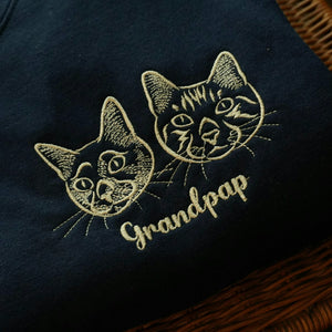 Custom Cat Face T-Shirt for Dad - Embroidered Photo Outline Tee for Grandpa