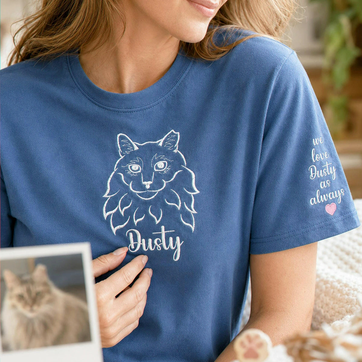 Custom Cat Portrait T-Shirt for Sister, Minimalist Embroidered Face Line Art Gift for Sister Birthday