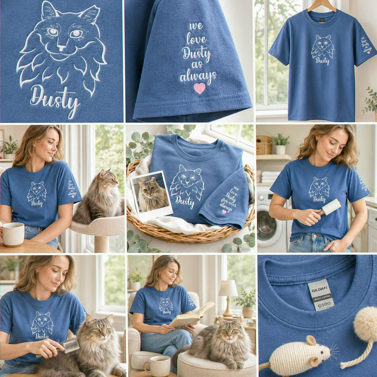 Custom Cat Portrait T-Shirt for Sister, Minimalist Embroidered Face Line Art Gift for Sister Birthday