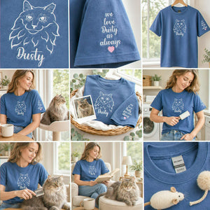 Custom Cat Portrait T-Shirt for Sister, Minimalist Embroidered Face Line Art Gift for Sister Birthday