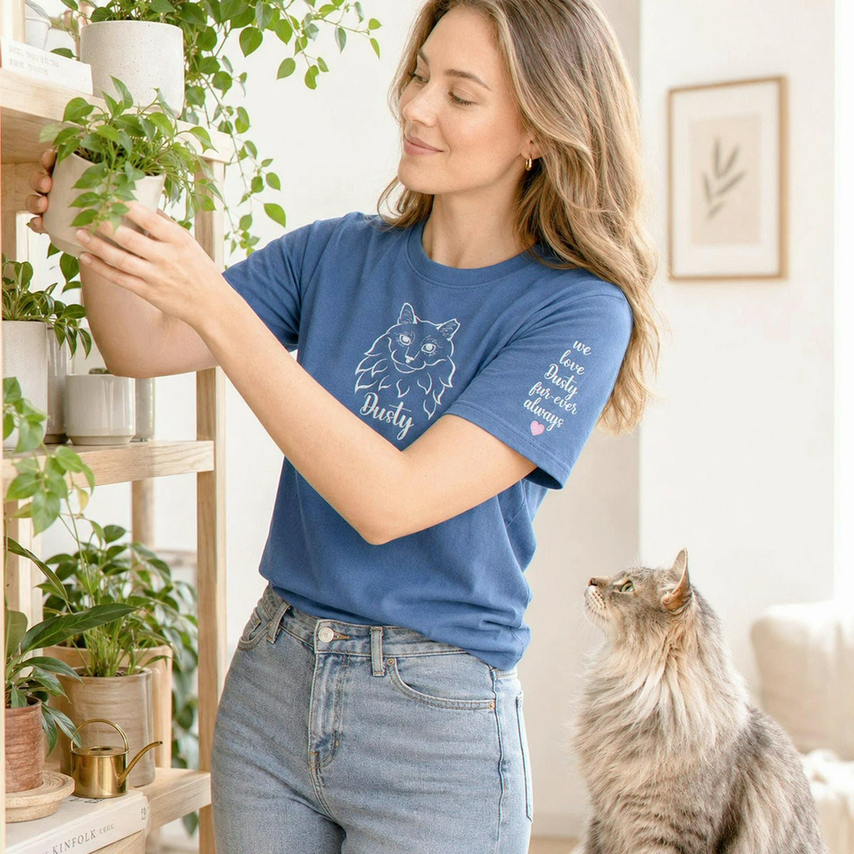 Custom Cat Portrait T-Shirt for Sister, Minimalist Embroidered Face Line Art Gift for Sister Birthday