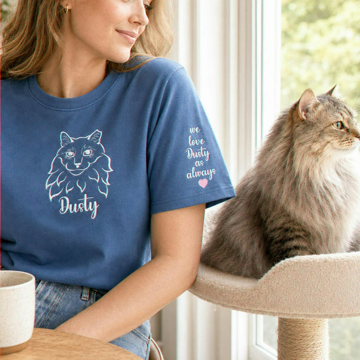 Custom Cat Portrait T-Shirt for Sister, Minimalist Embroidered Face Line Art Gift for Sister Birthday