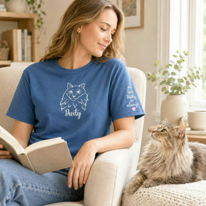 Custom Cat Portrait T-Shirt for Sister, Minimalist Embroidered Face Line Art Gift for Sister Birthday