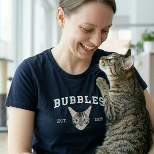 Custom Cat Portrait T-Shirt for Birthday Girlfriend - Embroidered Pet Photo Tee & Varsity Name - Gift for Her