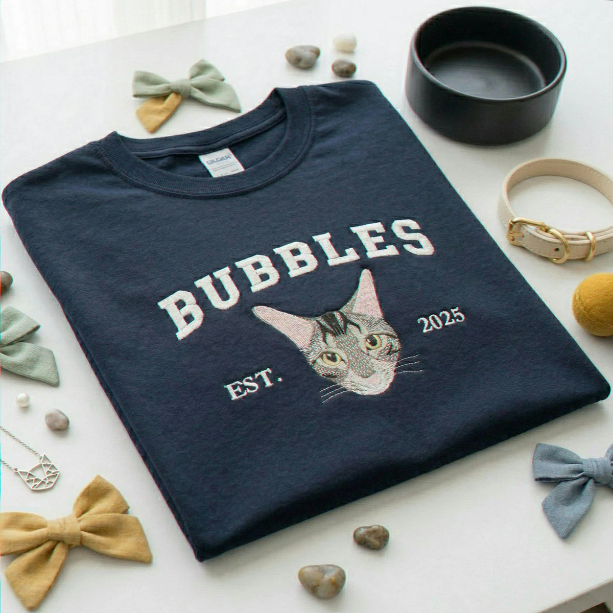 Custom Cat Portrait T-Shirt for Birthday Girlfriend - Embroidered Pet Photo Tee & Varsity Name - Gift for Her