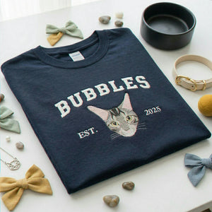 Custom Cat Portrait T-Shirt for Birthday Girlfriend - Embroidered Pet Photo Tee & Varsity Name - Gift for Her