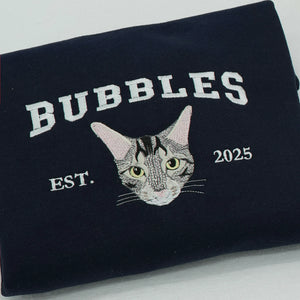 Custom Cat Portrait T-Shirt for Birthday Girlfriend - Embroidered Pet Photo Tee & Varsity Name - Gift for Her