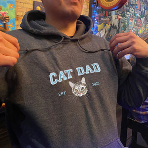 Custom Embroidered Varsity Cat Dad Sweatshirt or Hoodie Portrait from Photo