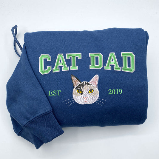 Custom Embroidered Varsity Cat Dad Sweatshirt or Hoodie Portrait from Photo