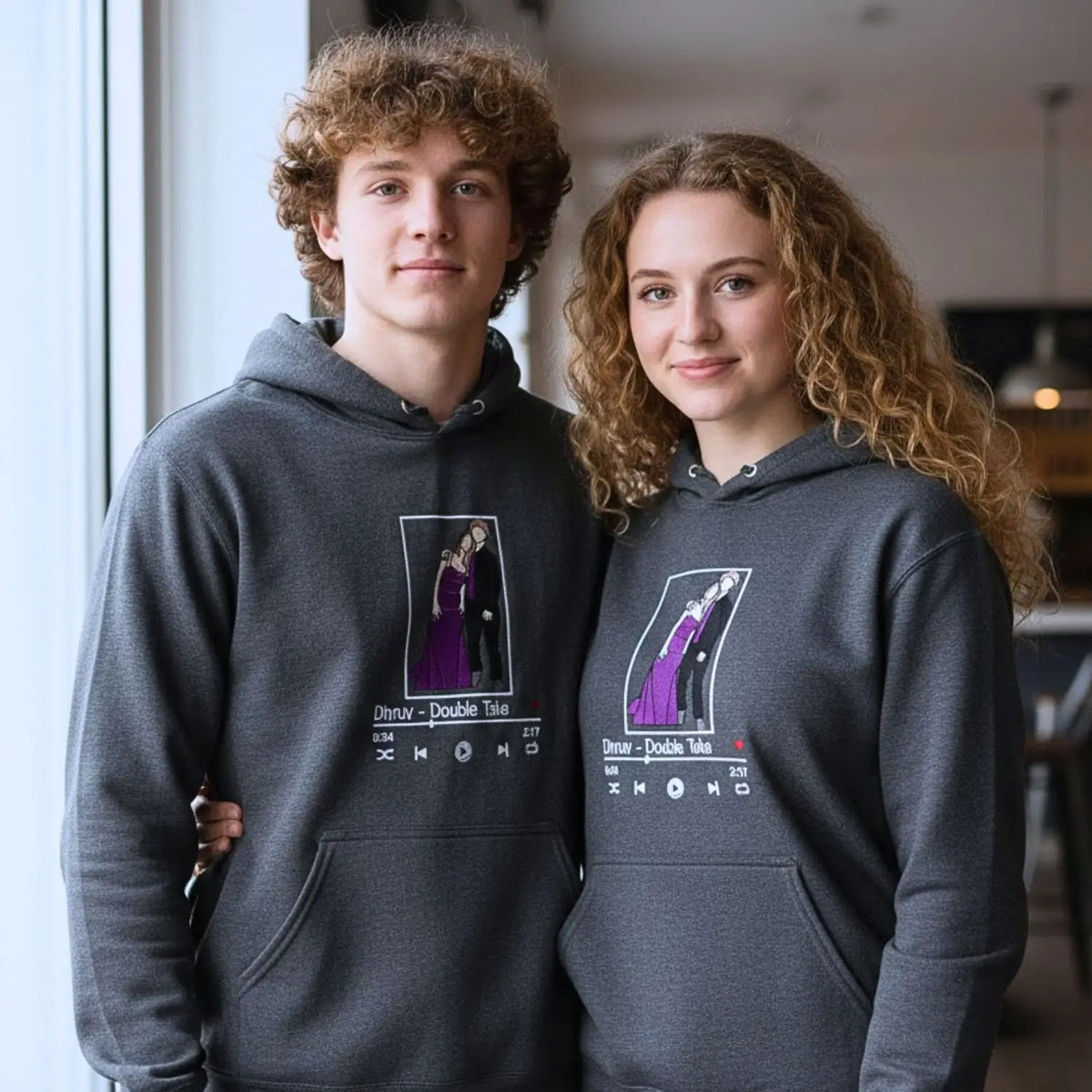 charcoal Favorite Song for Couple Embroidered Hoodie, a meaningful and cozy gift for your boyfriend girlfriend