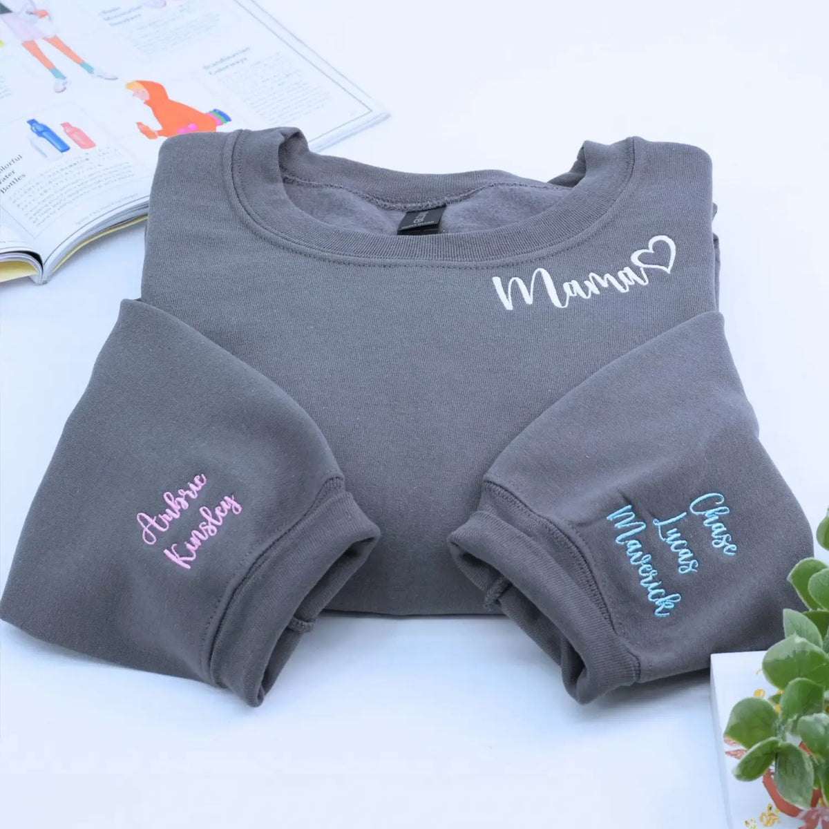 Custom Mama embroidered sweatshirt with kids names on sleeve - personalized gift for moms