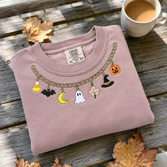 Fall Chain Necklace Halloween Sweatshirt, Embroidered Pumpkin Charm Crewneck, Witchy Halloween Gift