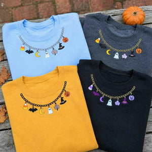 Spooky Season Halloween Necklace Sweatshirt, Embroidered Ghost Pumpkin Crewneck, Women Fall Shirt