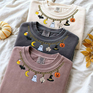 Fall Chain Necklace Halloween Sweatshirt, Embroidered Pumpkin Charm Crewneck, Witchy Halloween Gift