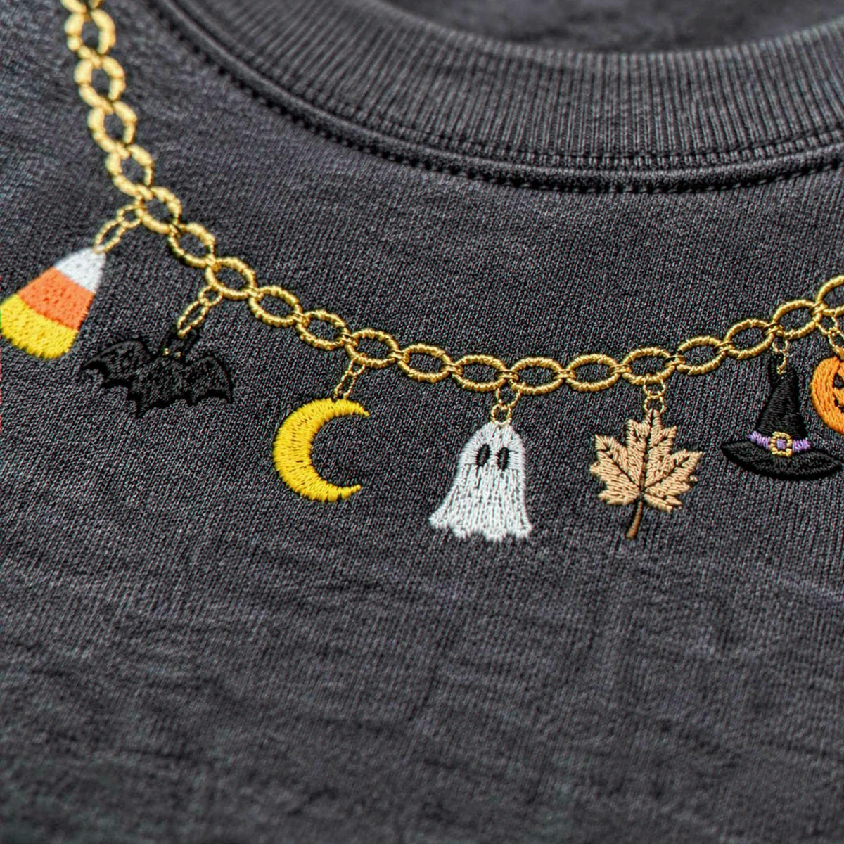 Spooky Season Halloween Necklace Sweatshirt, Embroidered Ghost Pumpkin Crewneck, Women Fall Shirt